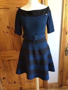 Ladies Navy Blue and Black classic fit and flare  dress made in italy size L Uk 12/14 includes postage