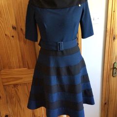 Ladies Navy Blue and Black classic fit and flare  dress made in italy size L Uk 12/14 includes postage