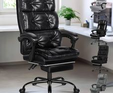 Office Chair with Dual Paddings, Computer Executive Desk Chair with Footrest Armrests, High Back 150 Recliner Tilting 360 Swivel, PU Leather, Glossy Black