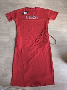 GUESS Red Bodycon Midi Dress Rhinestone Logo Side Tie Detail Size M cotton