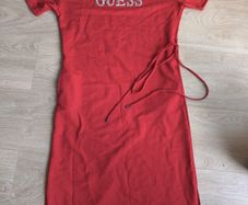 GUESS Red Bodycon Midi Dress Rhinestone Logo Side Tie Detail Size M cotton