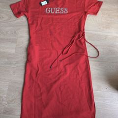 GUESS Red Bodycon Midi Dress Rhinestone Logo Side Tie Detail Size M cotton