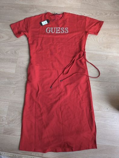 GUESS Red Bodycon Midi Dress Rhinestone Logo Side Tie Detail Size M cotton