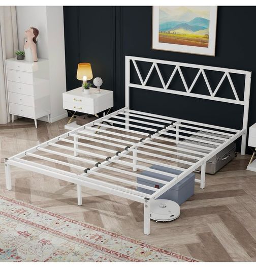 King Size Bed Frame with Headboard, Heavy Duty Metal Under Bed Storage, No Box Spring Needed, Easy Assembly, White