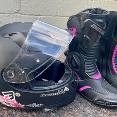Motorbike Helmet Bogotto & Bela Stripe Racing Boots.