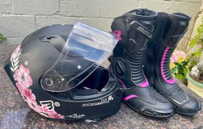 Motorbike Helmet Bogotto & Bela Stripe Racing Boots.