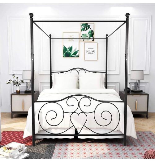 Double Canopy Bed Frame with Vintage Headboard & Footboard, Black 135x190cm Double Canopy Bed Frame, 4ft6 Heavy Duty Metal Bed, Heart Scroll Headboard & Footboard, Steel Slats for Bedrooms