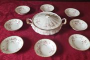 9 Piece Royal Albert Victoriana Rose Bone China Gold Gilt Lidded Tureen And Soup Bowls Set Made In England