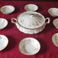 9 Piece Royal Albert Victoriana Rose Bone China Gold Gilt Lidded Tureen And Soup Bowls Set Made In England