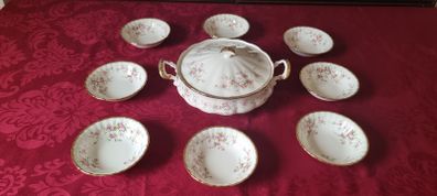 9 Piece Royal Albert Victoriana Rose Bone China Gold Gilt Lidded Tureen And Soup Bowls Set Made In England