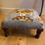 Decorative Grey upholstered footstool mustard embroidery wooden legs Image 3
