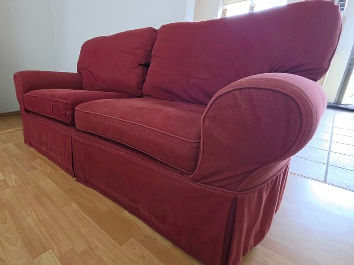 Double seat (seats two) dark red burgundy fabric couch