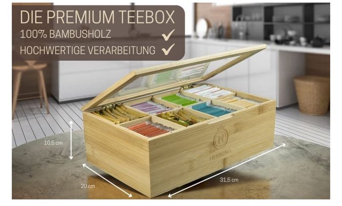 Brand New Premium tea box including sugar shaker 100 bamboo wood, with 8 dividers -
