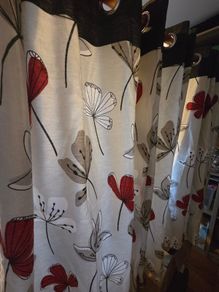 Floral Eyelet Curtains. Red, Grey & Black. 2 Matching Pairs