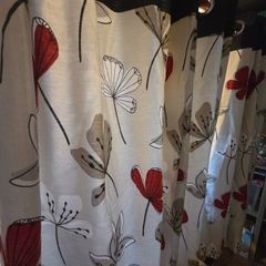 Floral Eyelet Curtains. Red, Grey & Black. 2 Matching Pairs