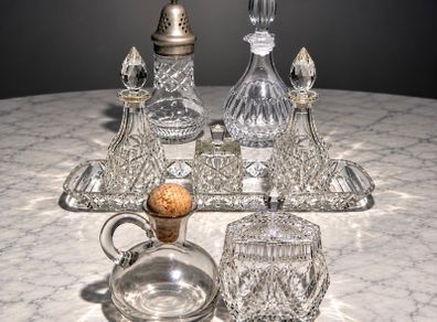 Vintage Cut & Pressed Glass High Tea Set - Cruet, Sifter, Jug, Preserve Pot & More