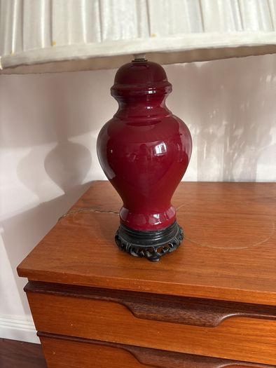 Please Check Photos- Mid Century Oxblood glazed Ginger Jar Table Lamps (2)  with off white pleated empire shade