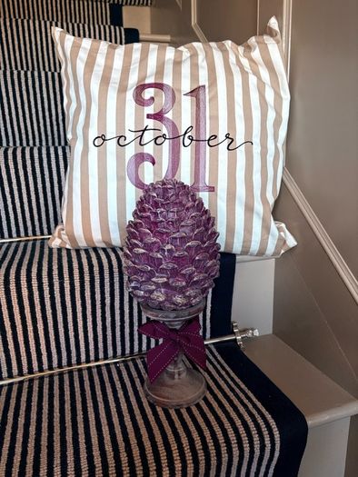 New bespoke oversized autumn Pinecone on distressed wood base in mulberry