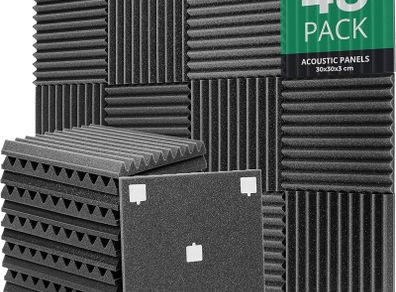 Panels Acoustic Foam, 30 x 30 x 3 cm, 48 Pieces, Acoustic Insulation for Studios, Recording Studios, Offices, Acoustic Wall Soundproofing, Includes Adhesives