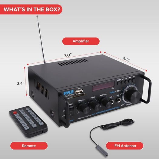 Wireless Bluetooth Stereo Power Amplifier - 200W Dual Channel Sound Audio Stereo Receiver System w/RCA, USB, SD, MIC IN, FM Radio, For Home Theater Entertainment via RCA, Studio Use