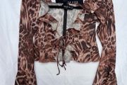 White Fox Boutique XS Brown Leopard Print Ruffle Tie Front Mesh Crop Top Flare Sleeve.
