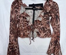 White Fox Boutique XS Brown Leopard Print Ruffle Tie Front Mesh Crop Top Flare Sleeve.