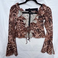 White Fox Boutique XS Brown Leopard Print Ruffle Tie Front Mesh Crop Top Flare Sleeve.
