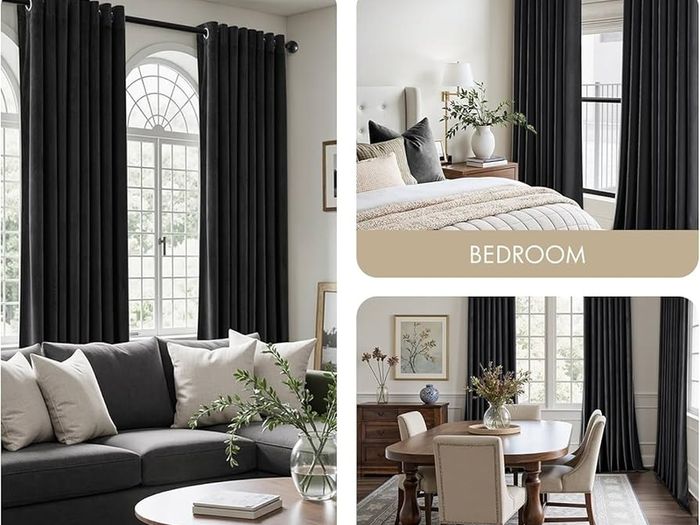 Black Velvet Curtains for Bedroom 2 Panel Set 90 Inch Drop Curtains, Soft Elegent Home Decor Velvet Curtain Living Room, Sun Blocking Room Darkening Thermal Eyelet Curtain 46x90 Inch