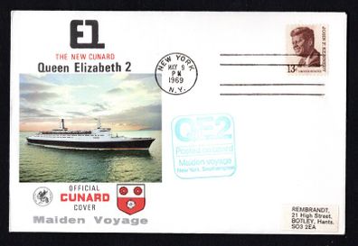 1969 USA Cover Celebrating the Maiden Voyage of The New Cunard Queen Elizabeth 2 with 13c New York, USA cancel tying stamp for John F Kennedy (president) with Posted on board cancel
