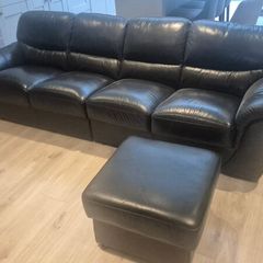 Black Leather 4 Seater + Armchair + Large Footstool