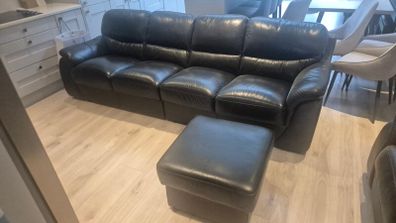 Black Leather 4 Seater + Armchair + Large Footstool