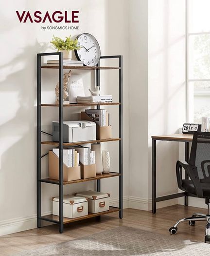 5-Tier Bookshelf, Tall Bookcase, Shelving Unit, Standing Display Storage Rack with Steel Frame, for Living Room, Office, Study, Industrial Style, Rustic Brown and Black (FREE POSTAGE)