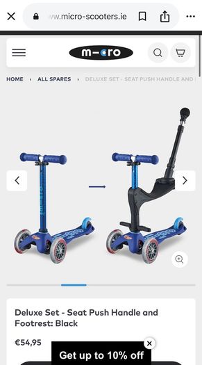 Micro scooter assessories: seat push handle and footrest: black.