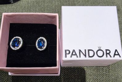 Pandora Halo Oval cut Sparkling Blue Earring New