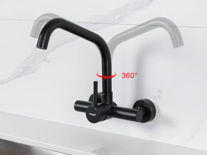 Ibergrif Kitchen Tap Wall Mounted 360 Rotation - Mixer Tap with Adjustable Mounting Hole Tap Kitchen Wall Tap Sink Black