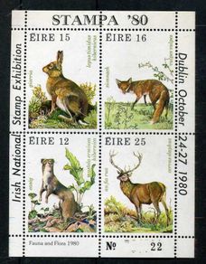 1980 Ireland Stampa Public Souvenir Wildlife Animals Commemorative Stamps Miniature Sheet Overprinted for Stampa Mint Never Hinged MNH)