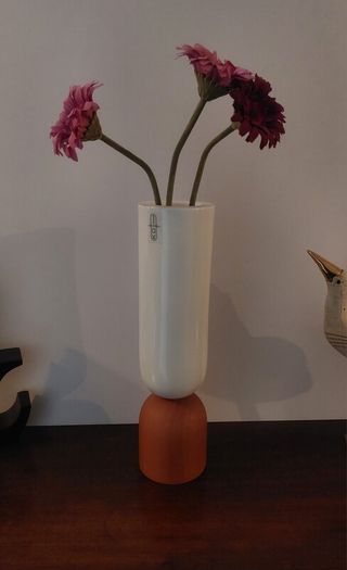 Fabulous Ceramic and Wood "TWO" Vase by the Danish Design Company Kristina Dam Studio, Copenhagen, Excellent Condition, Monochromatic Scandi Minimalism at its Best