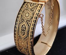 Vintage Damascene hinged bracelet  with a safety chain