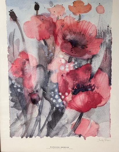 Framed watercolour painting of poppies