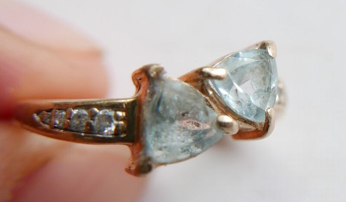 Vintage Solid 14k Gold Aquamarines And Diamonds Ring Size O - 3,35g