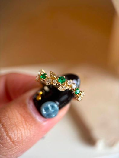 Brand New 18k Solid Yellow Gold Ring - Natural Emeralds & Diamonds (Size L1/2 / US 6)