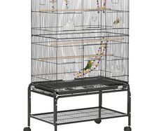 Large Bird Cage Budgie Cage with Stand, Toys, Wheels, Accessories, Storage Shelf for Canaries, Finches, Lovebirds, Parakeets - Black, 79 x 49 x 133 cm