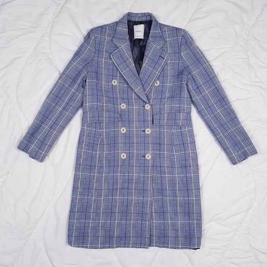 Mango Blue White Checked Plaid Double Breasted Blazer Coat Overcoat Size S