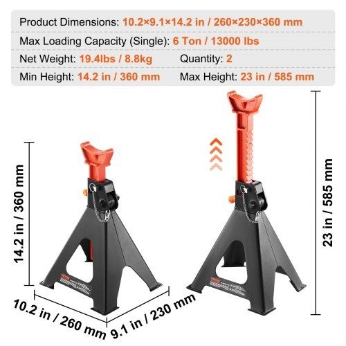 Jack Stands, 6 Ton (5,897.5 kg) Capacity Car Jack Stands Double Locking, 36.1 - 58.4 cm Adjustable Height, for lifting SUV