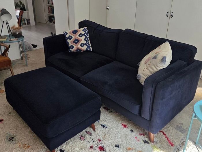 Navy Velvet 2-Seater Couch and Matching Ottoman