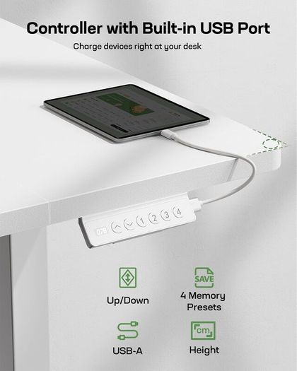 Electric Standing Desk with USB-A Charging Port 140 x 80 cm Height Adjustable Sit Stand 4 Custom Settings 80kg Max Load Stable Lifting Storage Hooks and Cable Management