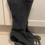 black stretch material boots with patent leather toe low chrome silver metal heel by Ras Image 2