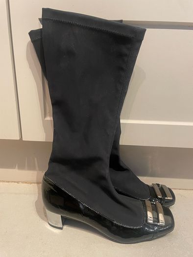 black stretch material boots with patent leather toe low chrome silver metal heel by Ras