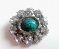 c1932 Italian Sterling Silver & Glass Stones Art Deco Pin Brooch With Turquoise