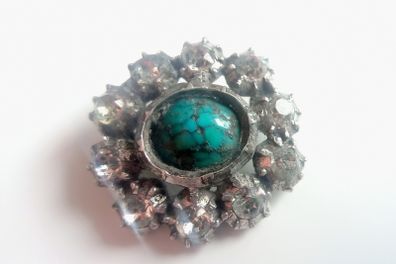 c1932 Italian Sterling Silver & Glass Stones Art Deco Pin Brooch With Turquoise